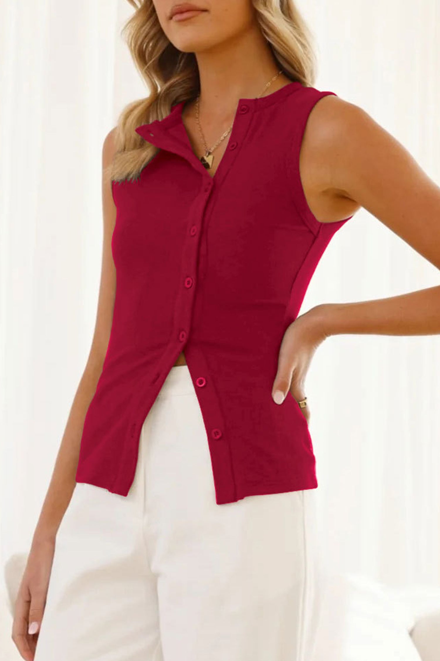 Cakulo Women Slim Fitted Summer Cardigan Sleeveless Button Down Shirt Ribbed Knit Tops