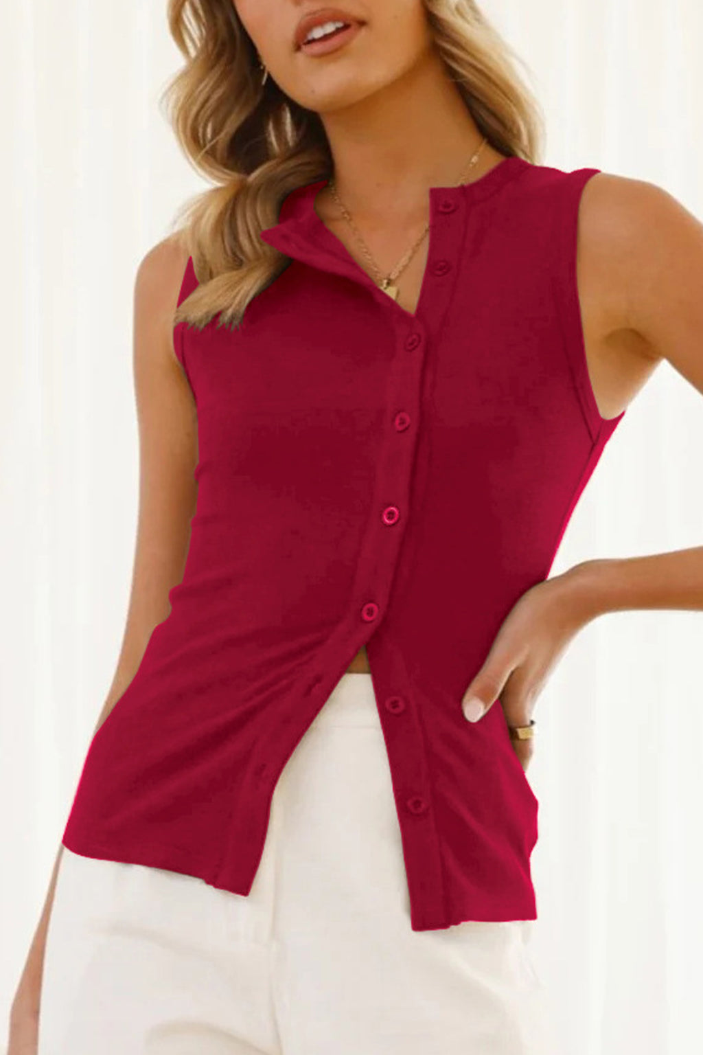 Cakulo Women Slim Fitted Summer Cardigan Sleeveless Button Down Shirt Ribbed Knit Tops