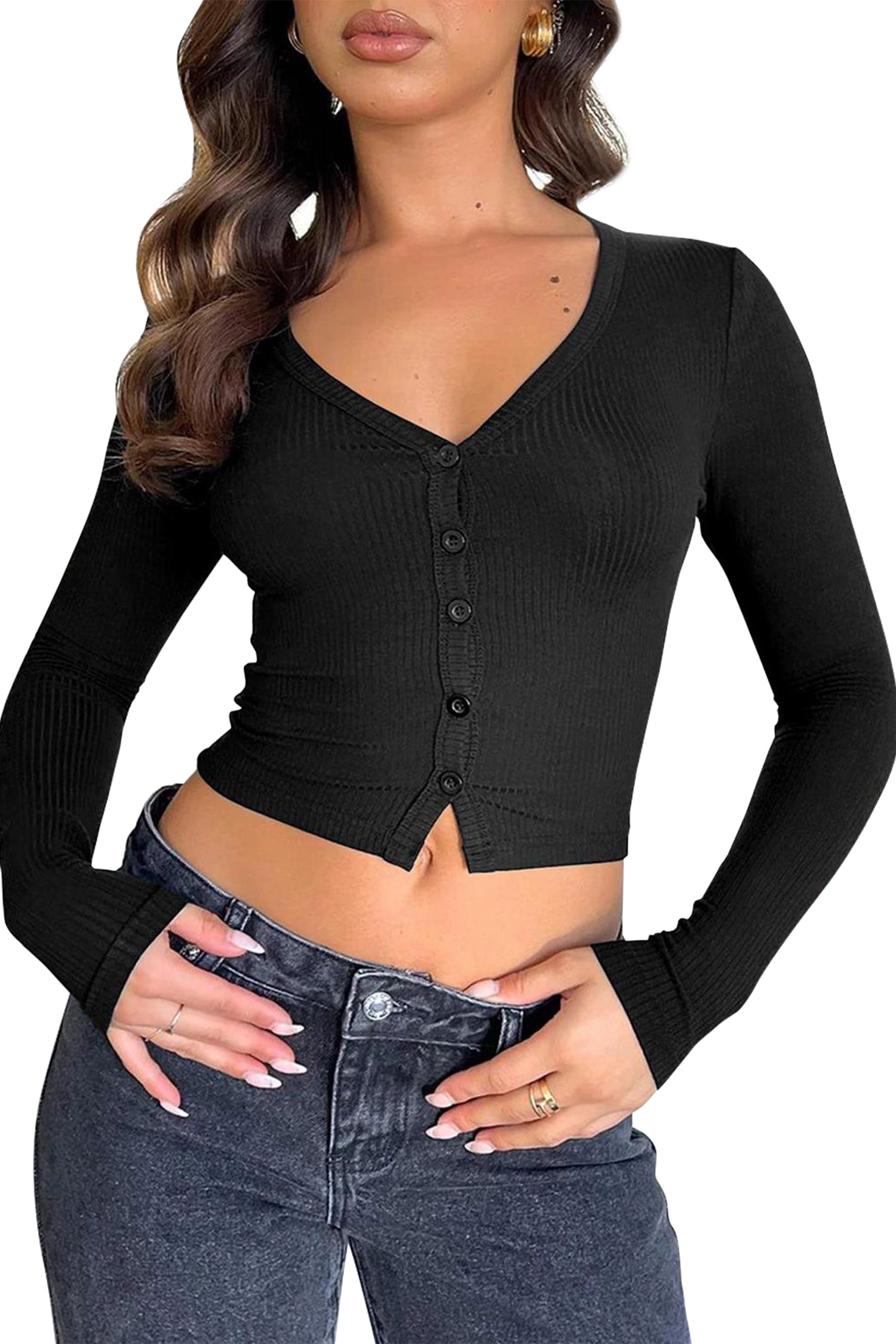 Cakulo Women's V-Neck Ribbed Long Sleeve Crop Top