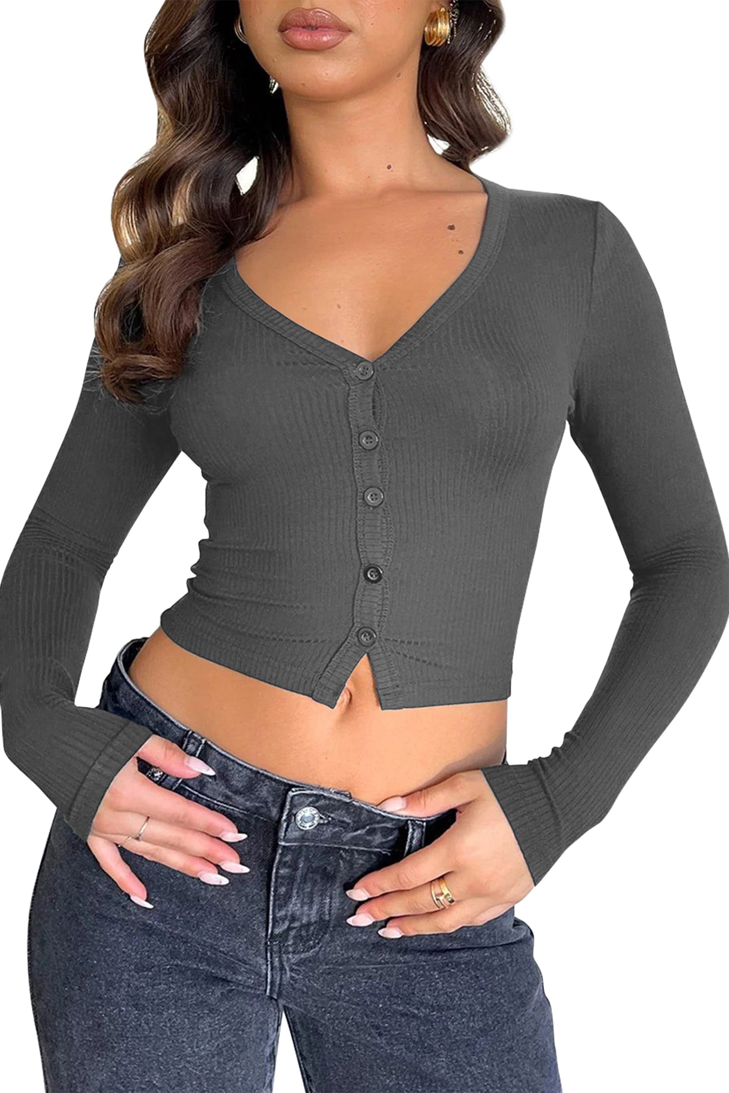 Cakulo Women's V-Neck Ribbed Long Sleeve Crop Top