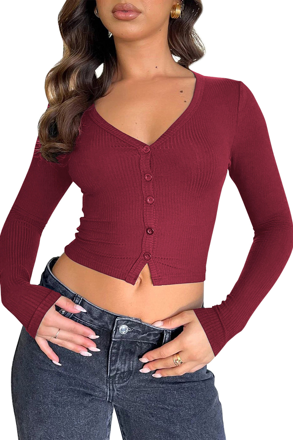 Cakulo Women's V-Neck Ribbed Long Sleeve Crop Top
