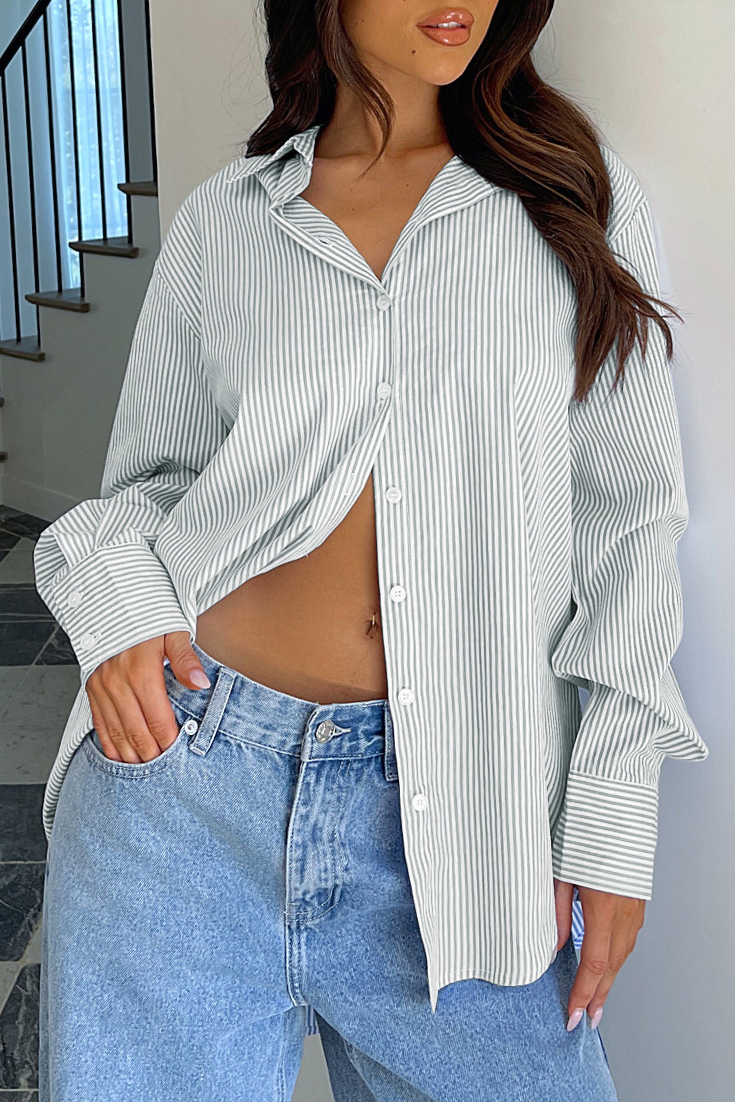 Cakulo Women's Oversized Striped Boyfriend Shirt