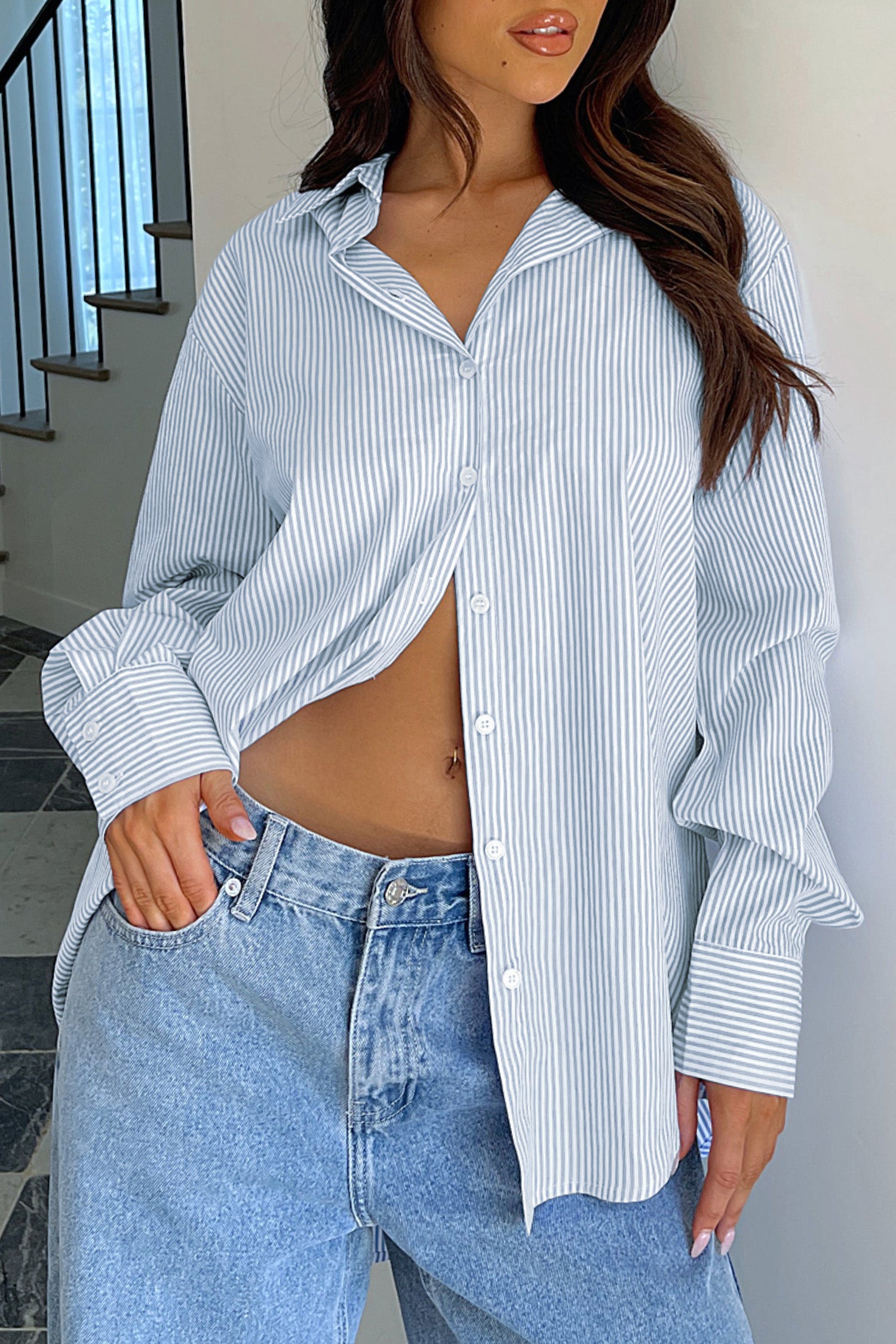 Cakulo Women's Oversized Striped Boyfriend Shirt