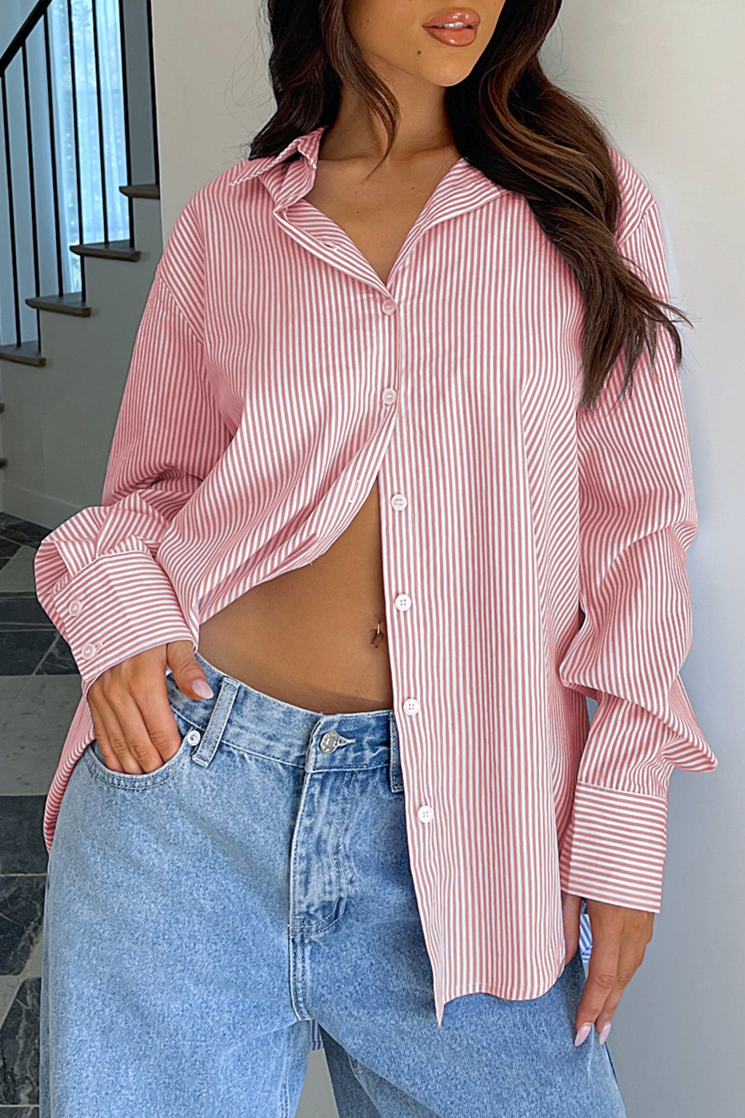 Cakulo Women's Oversized Striped Boyfriend Shirt