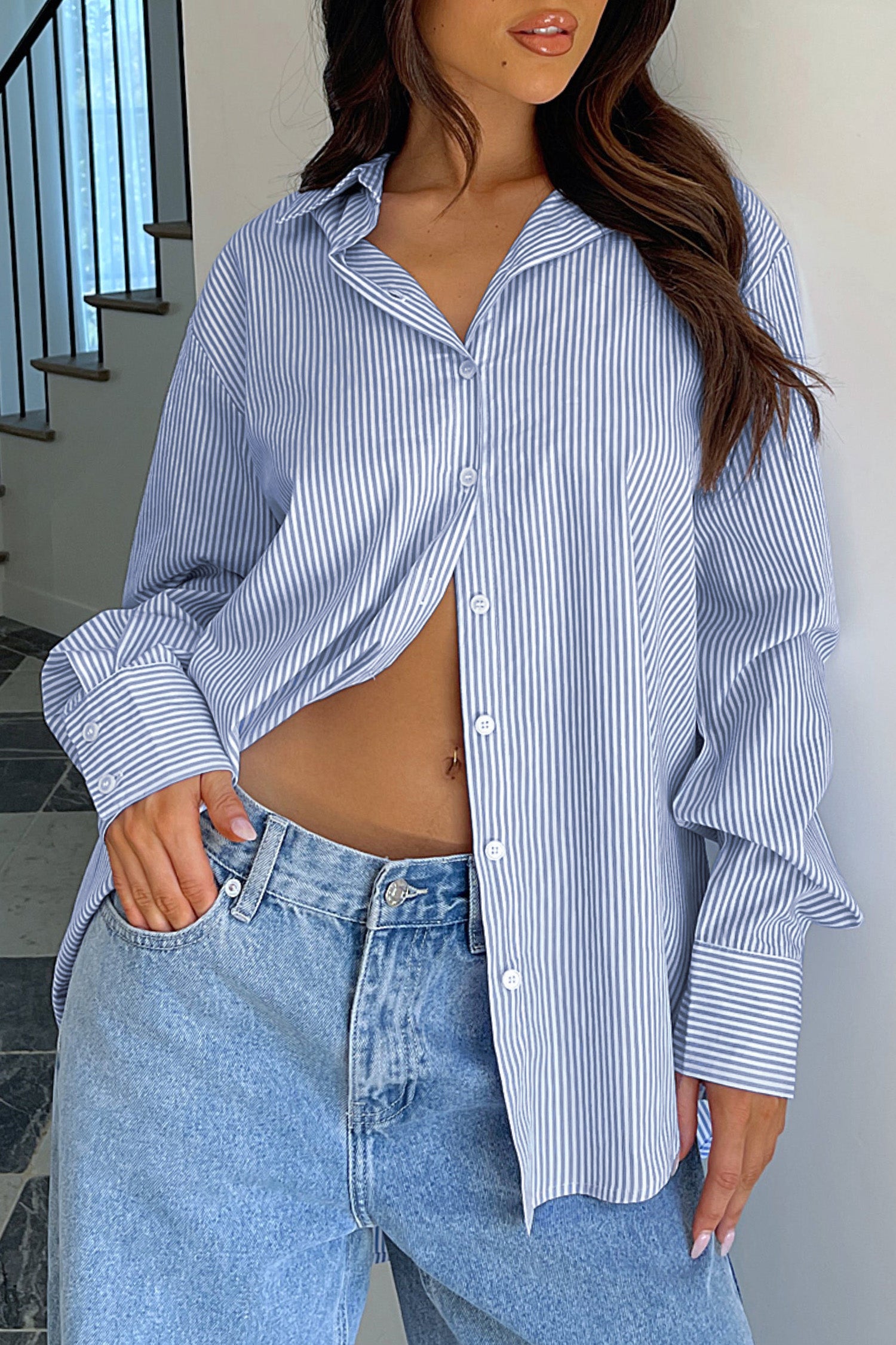 Cakulo Women's Oversized Striped Boyfriend Shirt