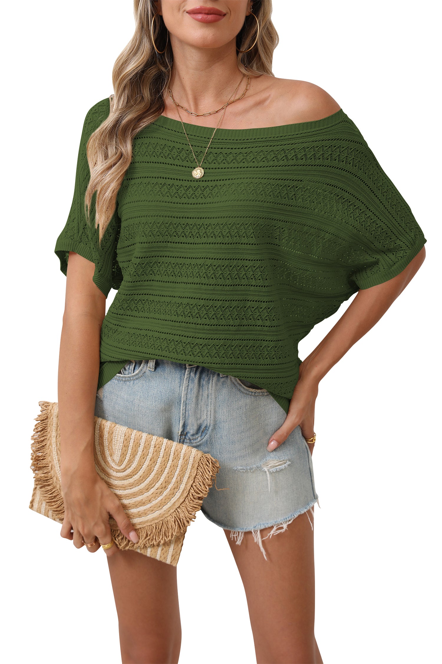 Cakulo Women's Summer Off-Shoulder Crochet Batwing Knit Top