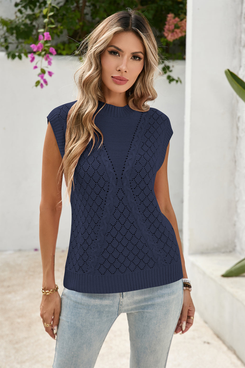 Cakulo Women's 2025 Sleeveless Crochet & Cable Knit Summer Sweater Vest