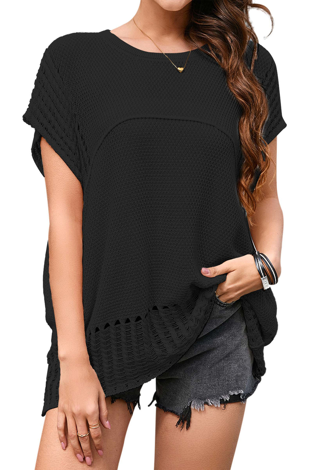 Cakulo Womens Summer Tops Crochet Short Sleeve Tunic Sweaters Waffle Knit Top 2025