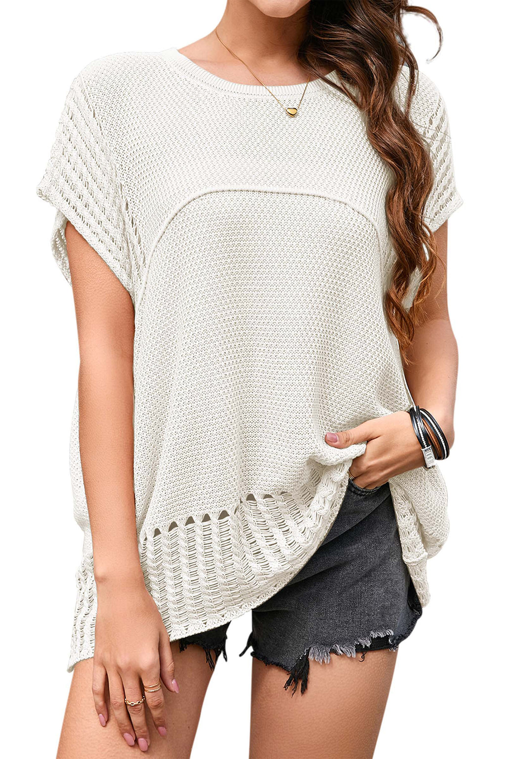 Cakulo Womens Summer Tops Crochet Short Sleeve Tunic Sweaters Waffle Knit Top 2025