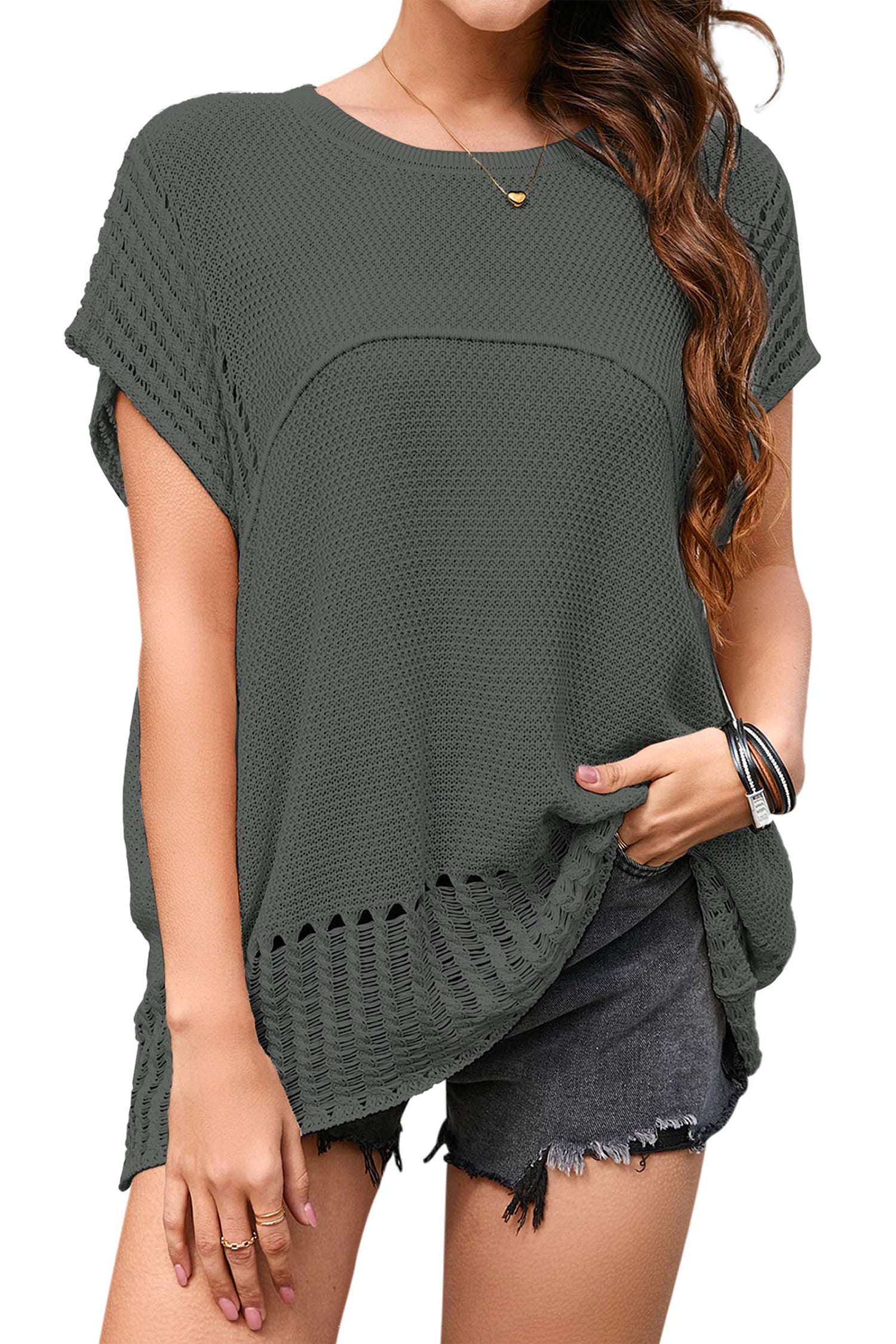 Cakulo Womens Summer Tops Crochet Short Sleeve Tunic Sweaters Waffle Knit Top 2025