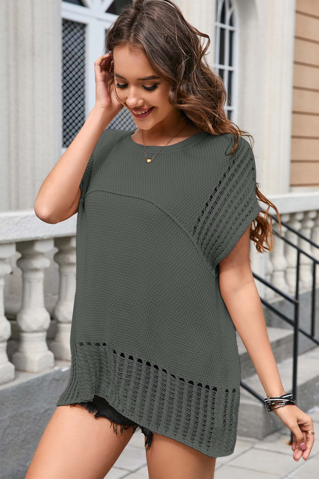 Cakulo Womens Summer Tops Crochet Short Sleeve Tunic Sweaters Waffle Knit Top 2025
