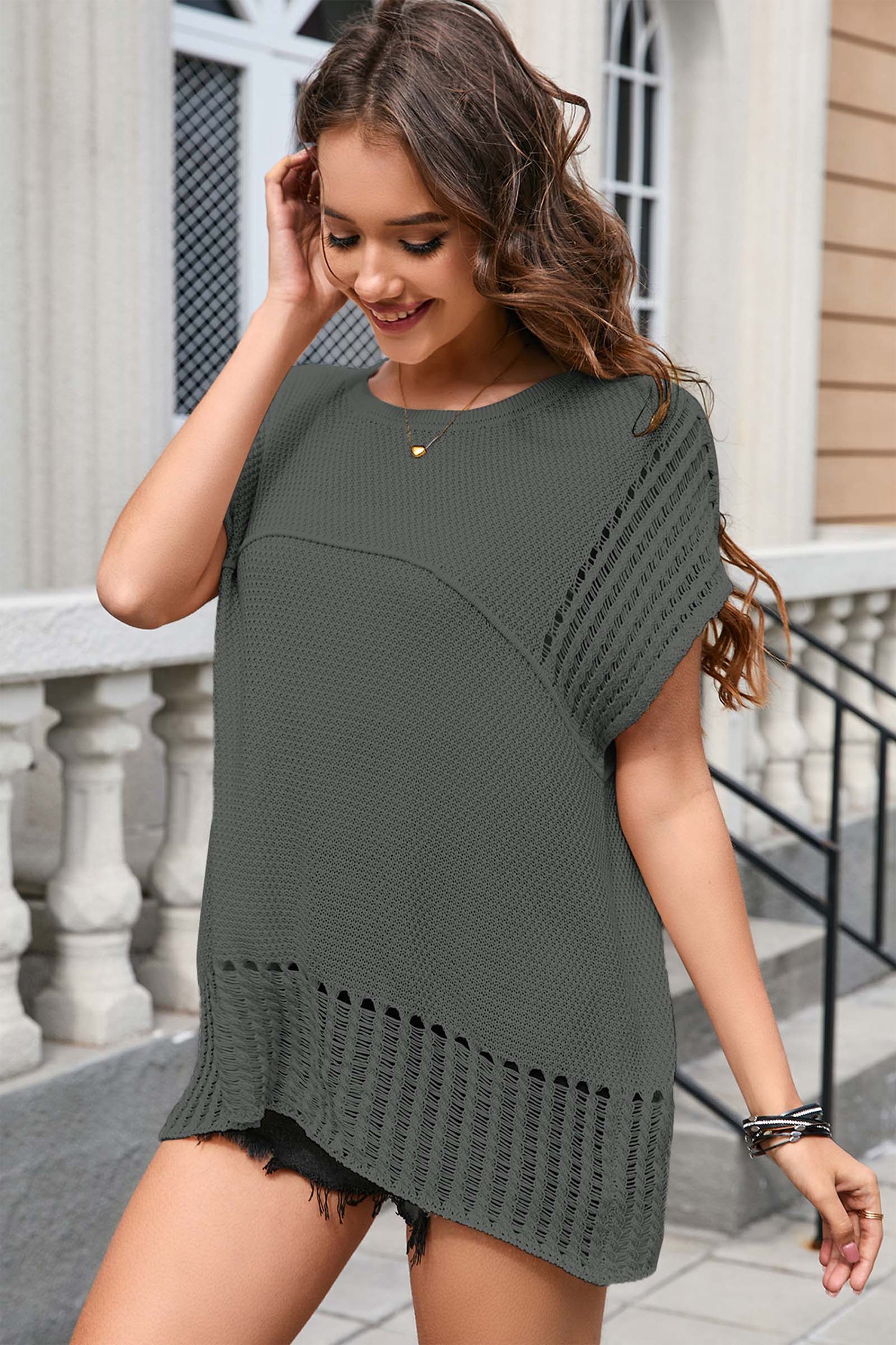 Cakulo Womens Summer Tops Crochet Short Sleeve Tunic Sweaters Waffle Knit Top 2025