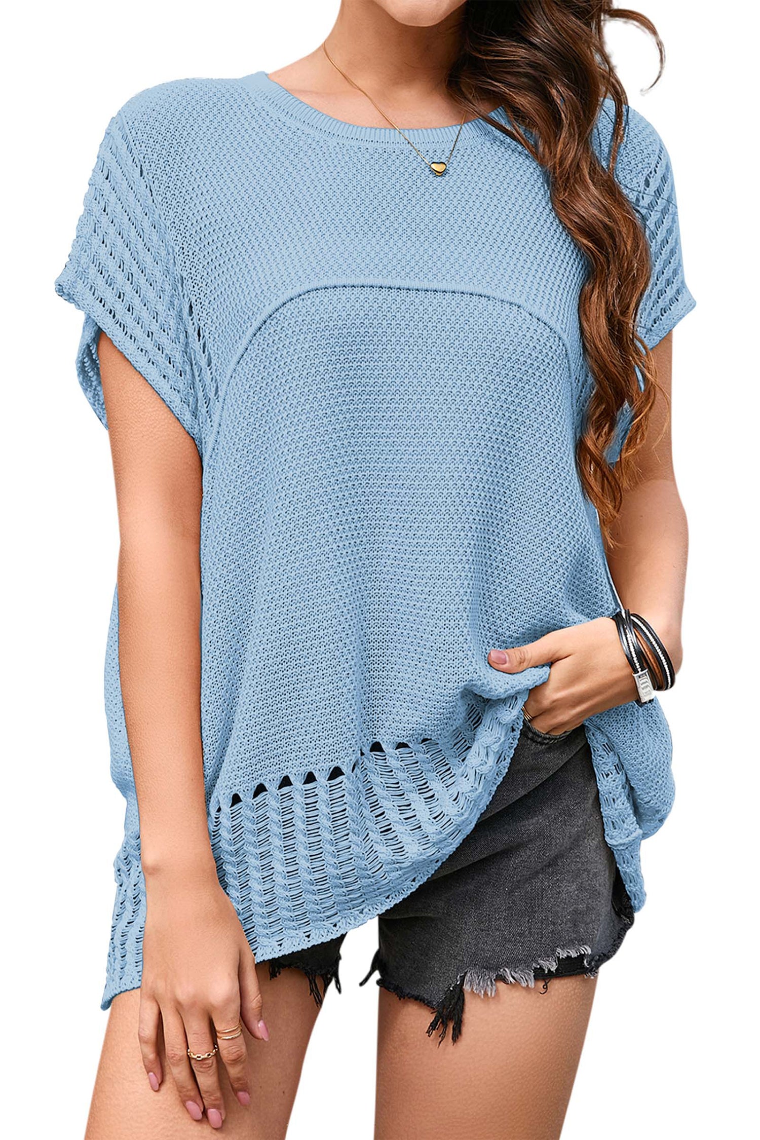 Cakulo Womens Summer Tops Crochet Short Sleeve Tunic Sweaters Waffle Knit Top 2025