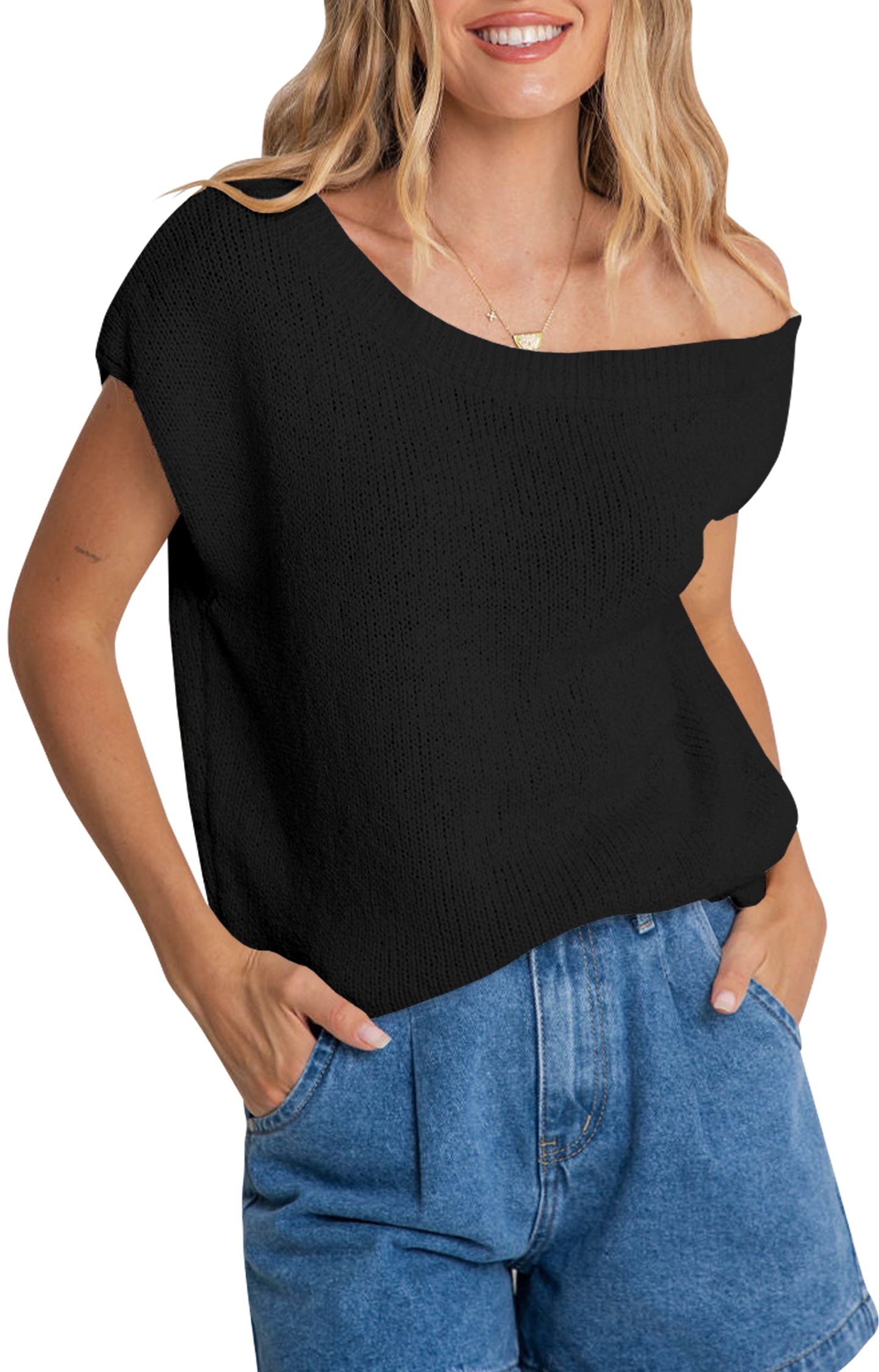 Cakulo Women Off One Shoulder Crochet Sweater Top Asymmetrical Short Sleeve Loose Going Out