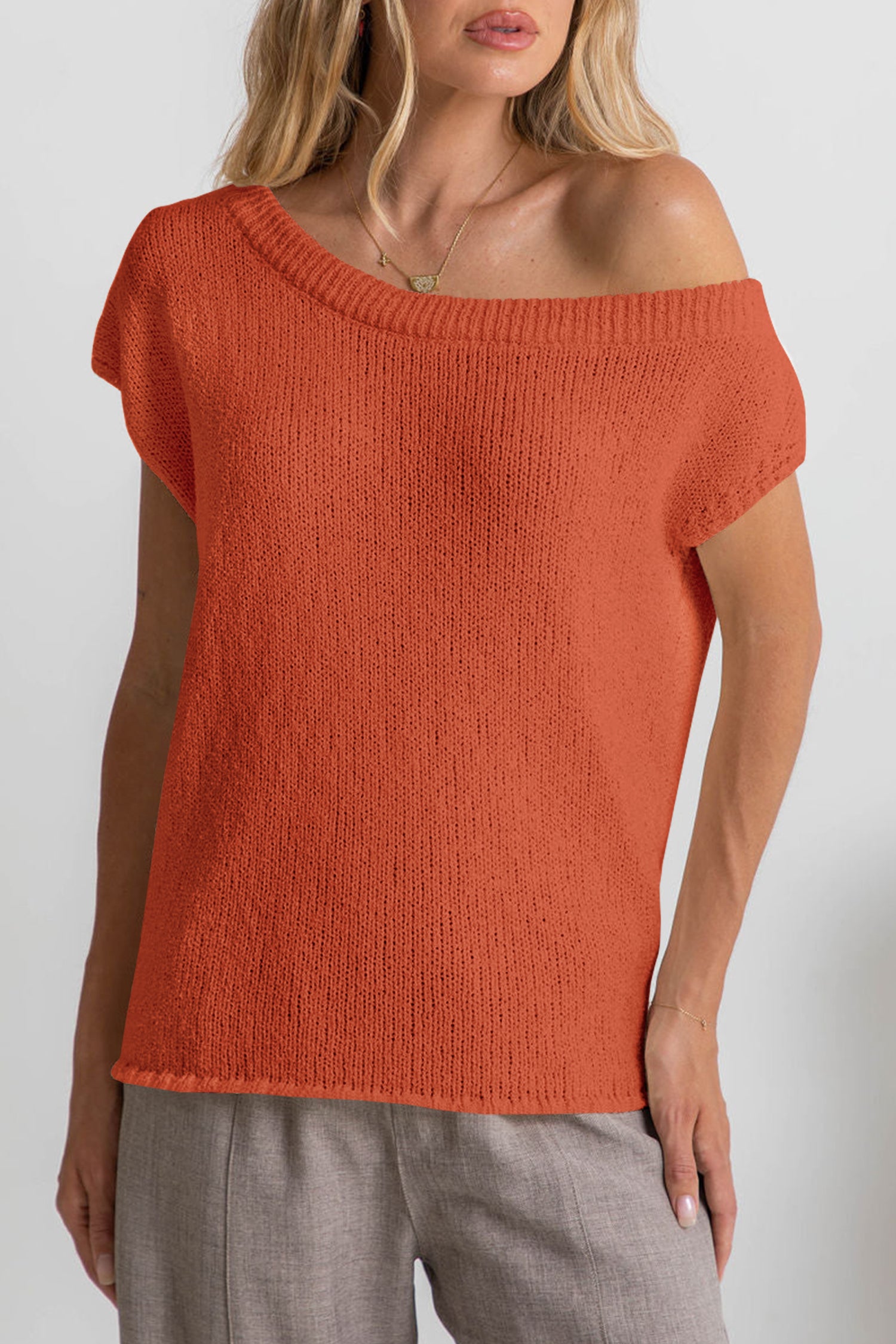 Cakulo Women Off One Shoulder Crochet Sweater Top Asymmetrical Short Sleeve Loose Going Out