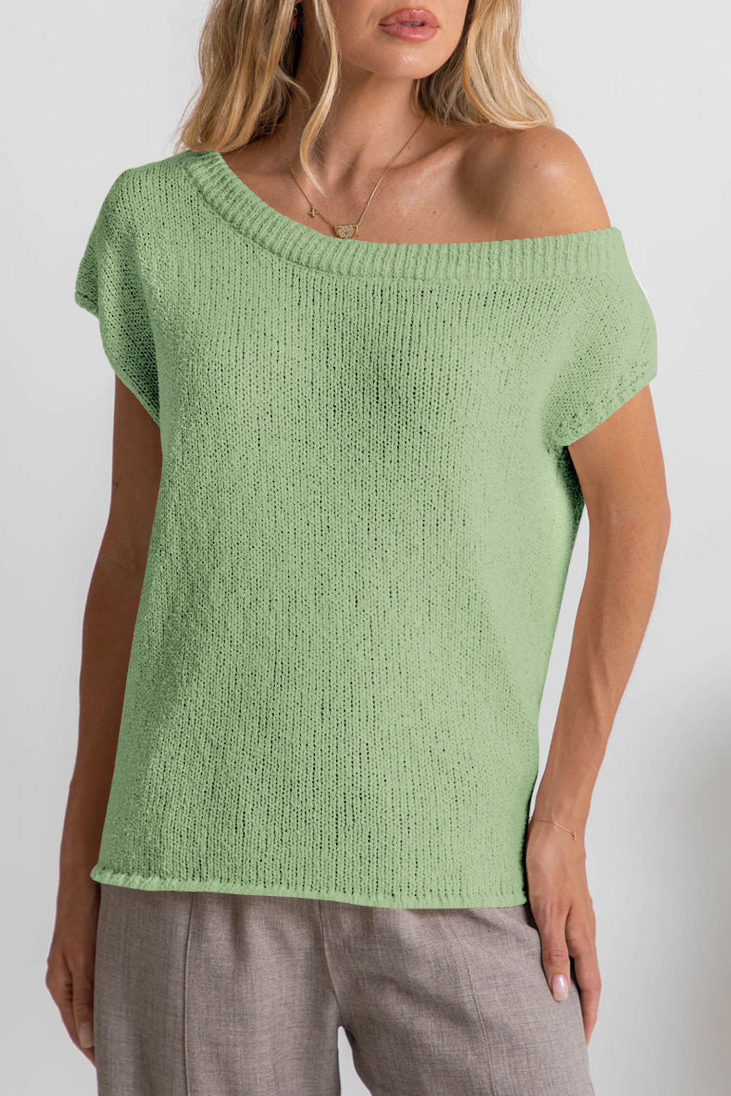 Cakulo Women Off One Shoulder Crochet Sweater Top Asymmetrical Short Sleeve Loose Going Out