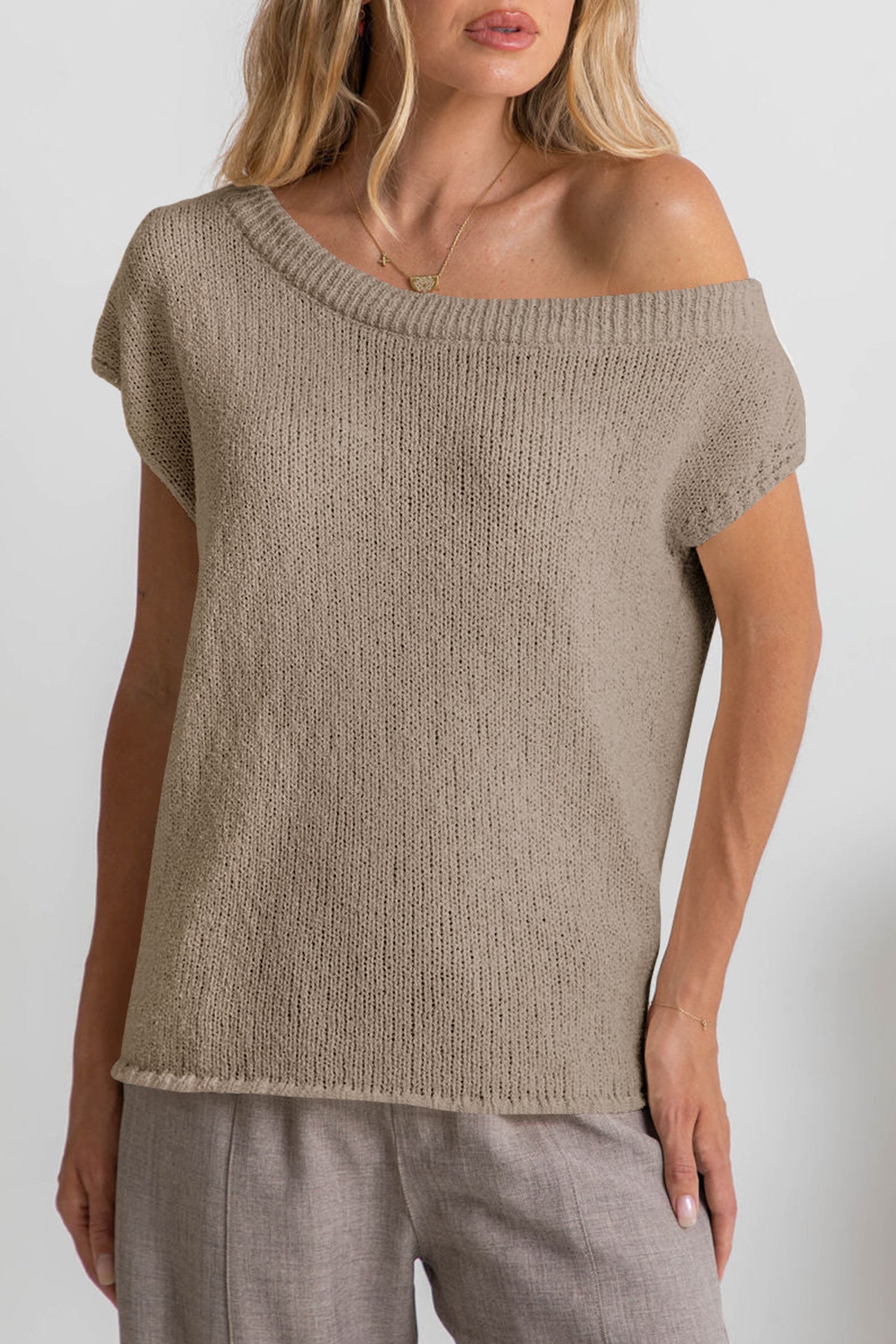 Cakulo Women Off One Shoulder Crochet Sweater Top Asymmetrical Short Sleeve Loose Going Out