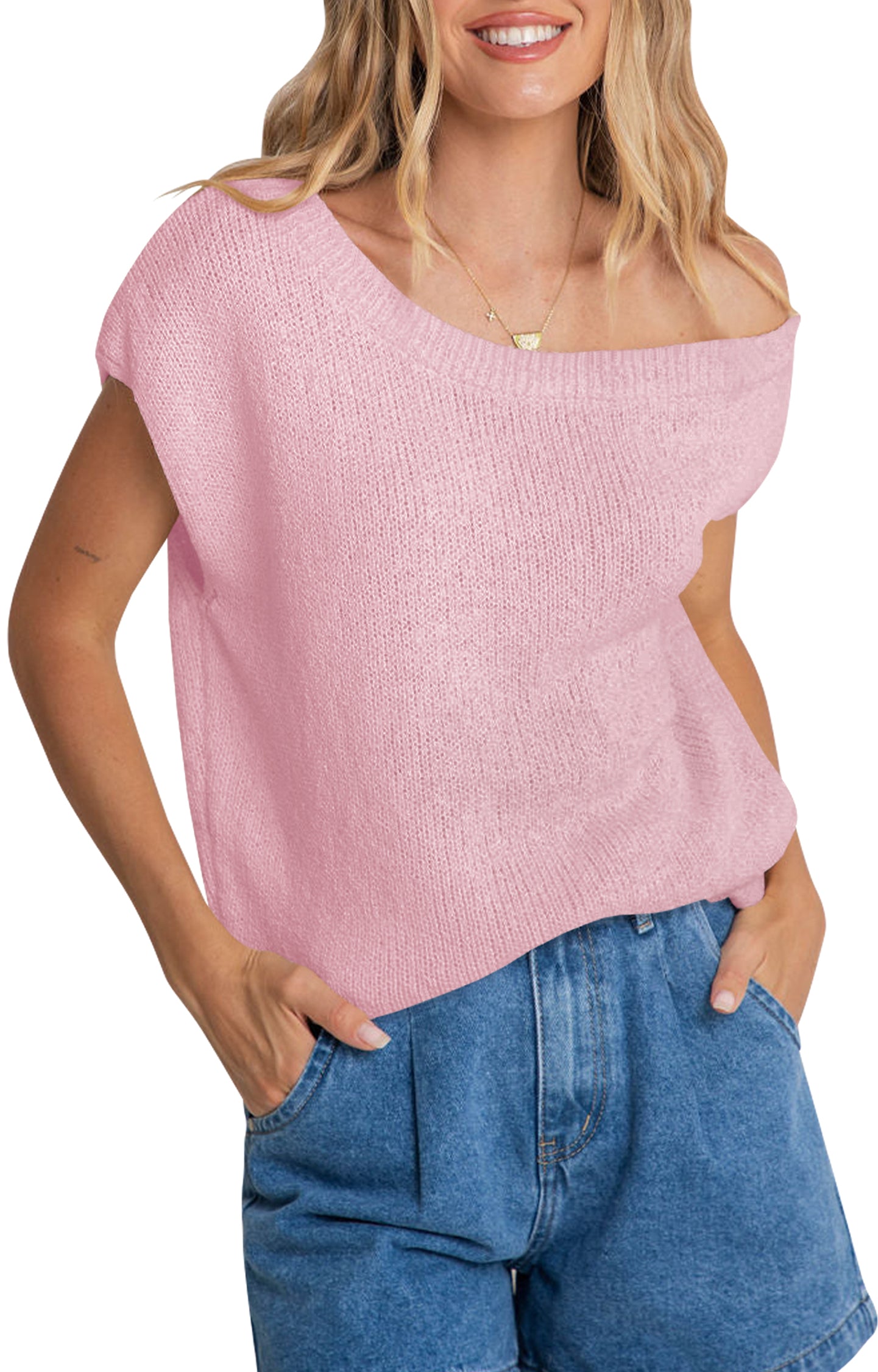 Cakulo Women Off One Shoulder Crochet Sweater Top Asymmetrical Short Sleeve Loose Going Out