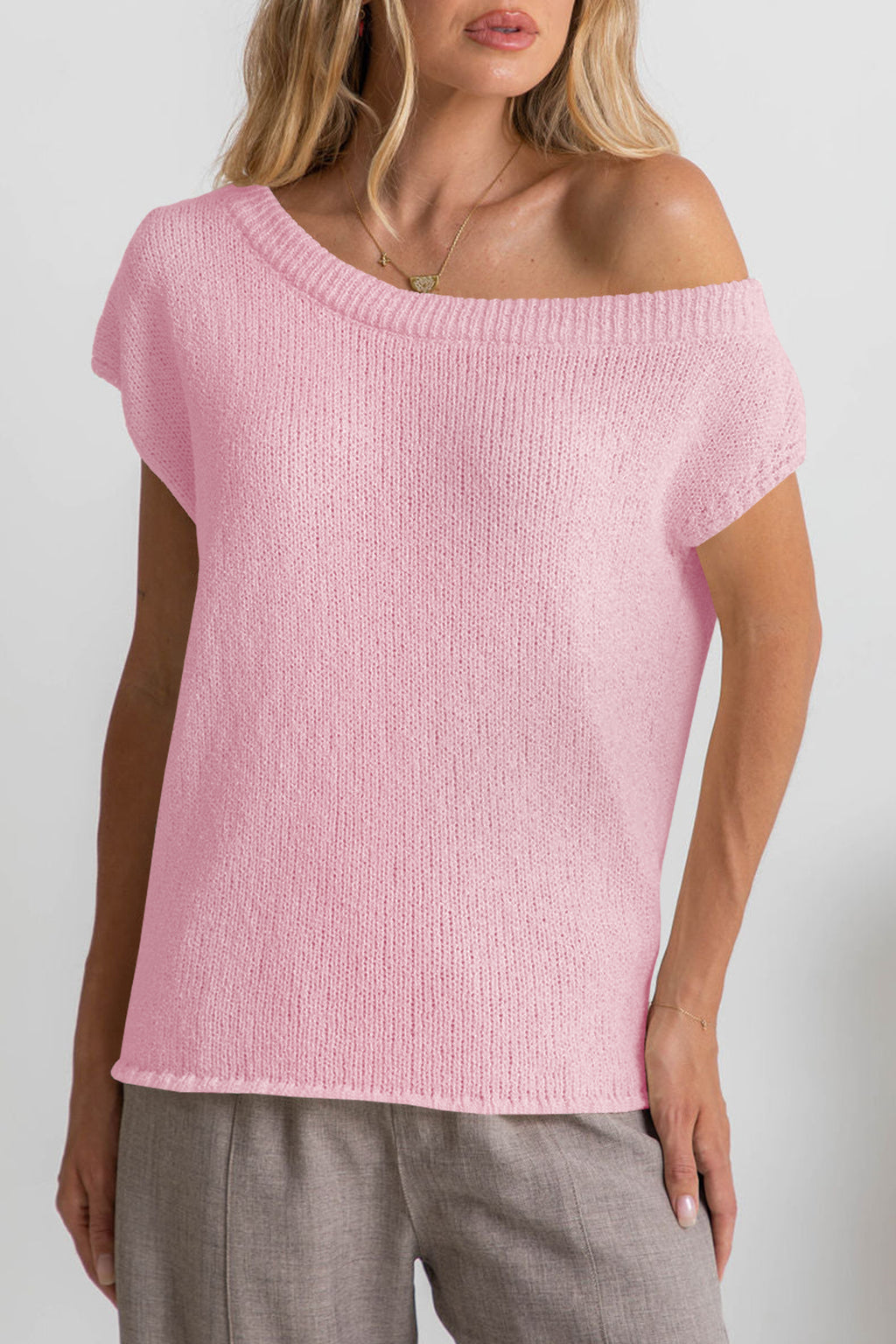 Cakulo Women Off One Shoulder Crochet Sweater Top Asymmetrical Short Sleeve Loose Going Out