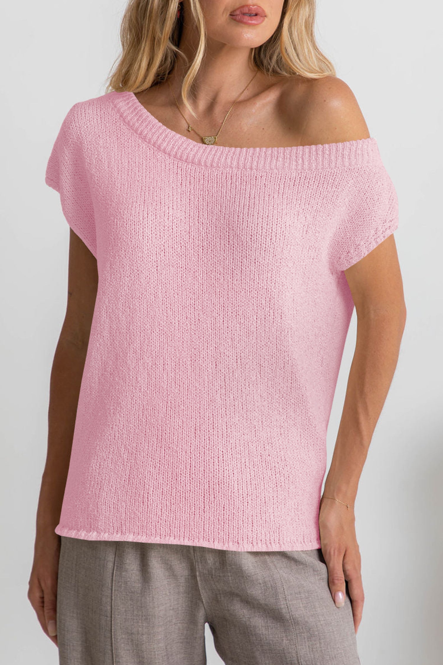Cakulo Women Off One Shoulder Crochet Sweater Top Asymmetrical Short Sleeve Loose Going Out