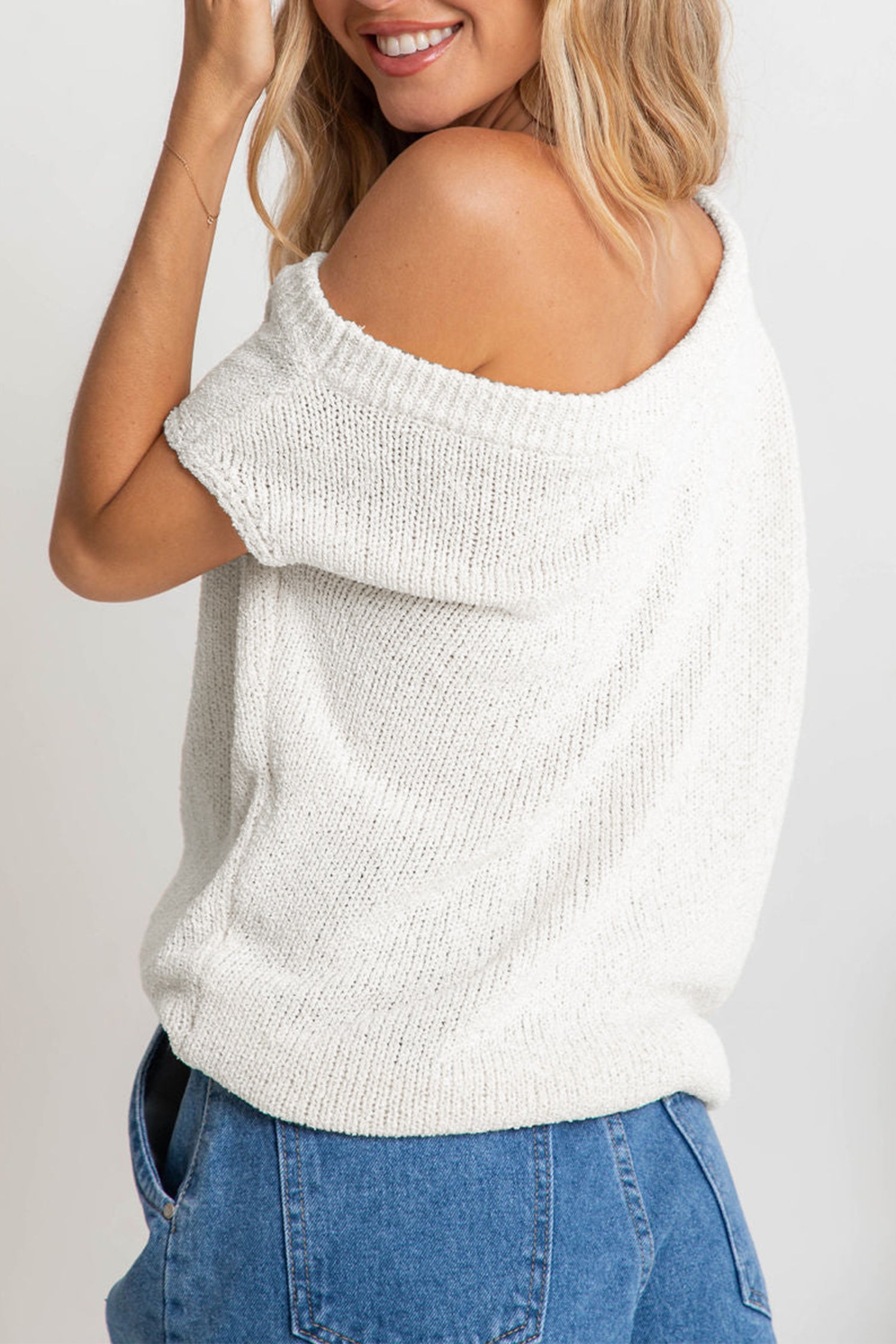Cakulo Women Off One Shoulder Crochet Sweater Top Asymmetrical Short Sleeve Loose Going Out