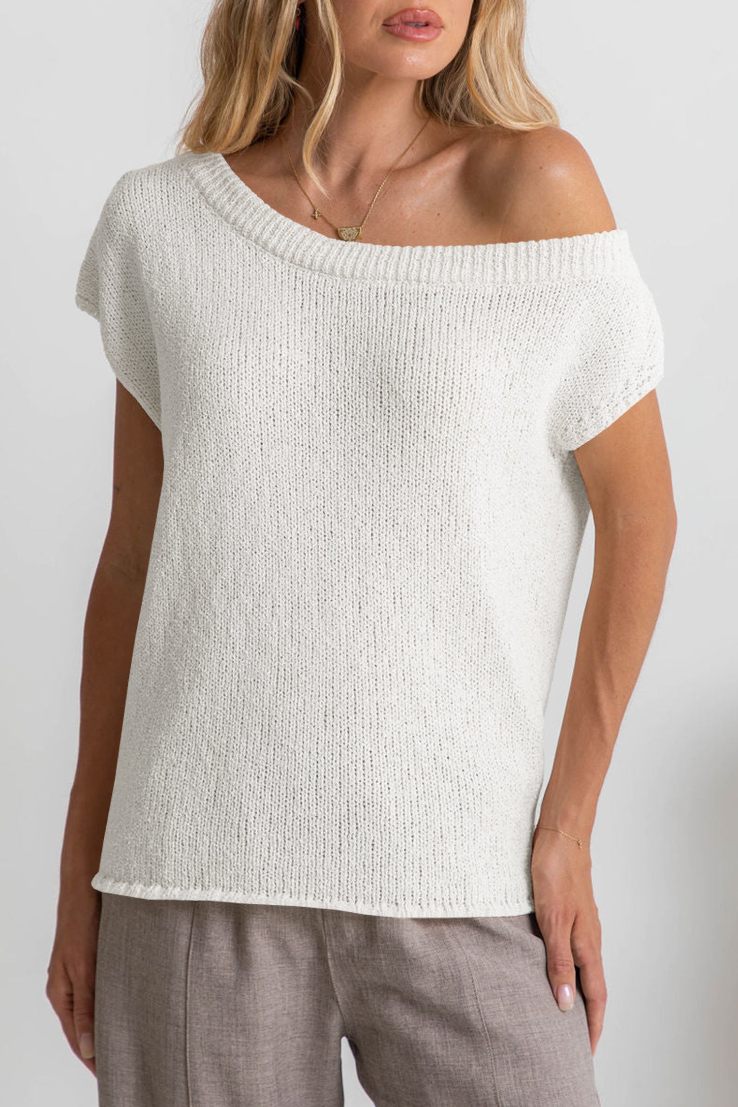 Cakulo Women Off One Shoulder Crochet Sweater Top Asymmetrical Short Sleeve Loose Going Out
