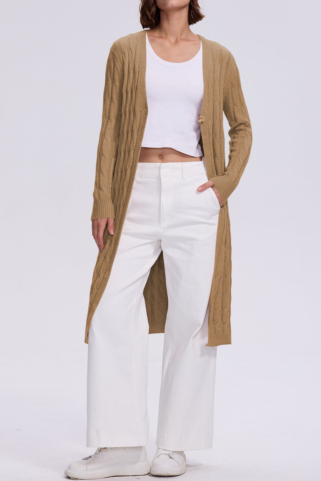 Cakulo Women's Long Cable Knit Front-Open Cardigan Sweater Coat