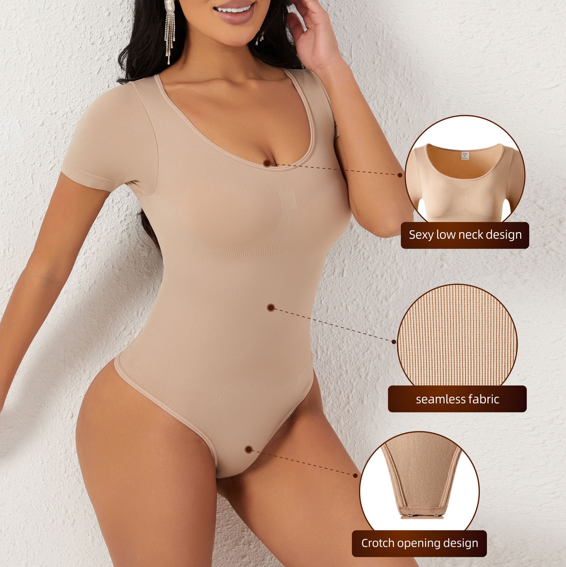Cakulo Butt-Lifting Waist-Cinching Seamless Short-Sleeve Thong Shapewear Bodysuit