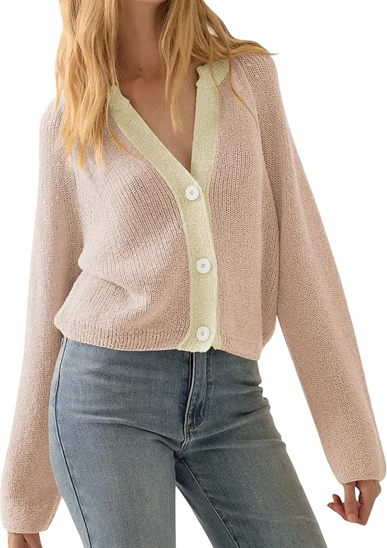 CAKULO Women Button V Neck Cardigan Sweater Contrast Knit Lightweight Long Sleeve Open Front Cropped Cardigans