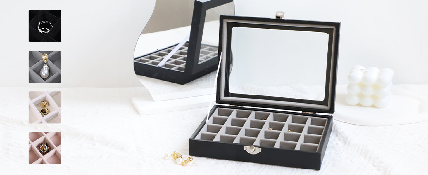 Cakulo 24 - Grid Jewelry Organizer Velvet Tray with Clear Lid Ring Earring Storage