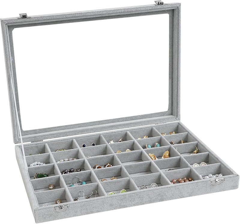 Velvet Jewelry Organizer Tray with Clear Lid Stores Bracelets Rings Earrings