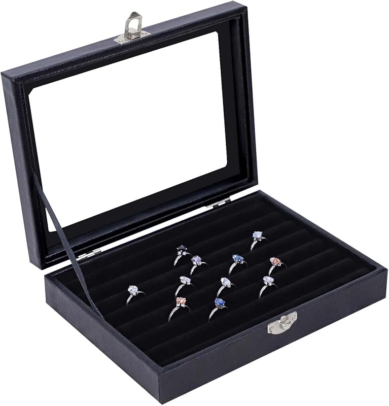 Cakulo Wood Ring Box Glass Lid Metal Clasp Velvet Lining – Jewelry Storage Display Tray