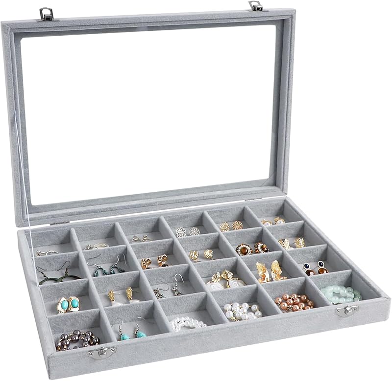Cakulo Velvet Jewelry Organizer Tray with Clear Lid Stores Bracelets Rings Earrings