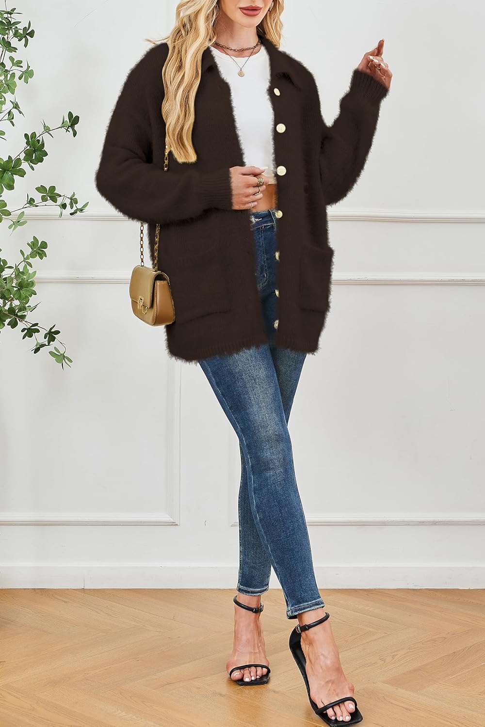 Cakulo Womens Oversized Fuzzy Collared Cardigan with Pockets for Fall/Winter