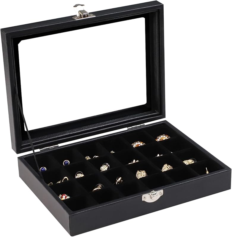Cakulo 24 - Grid Jewelry Organizer Velvet Tray with Clear Lid Ring Earring Storage