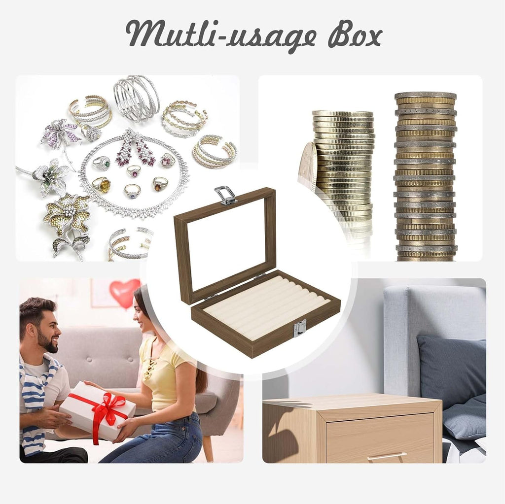 Cakulo Wood Ring Box Glass Lid Metal Clasp Velvet Lining – Jewelry Storage Display Tray