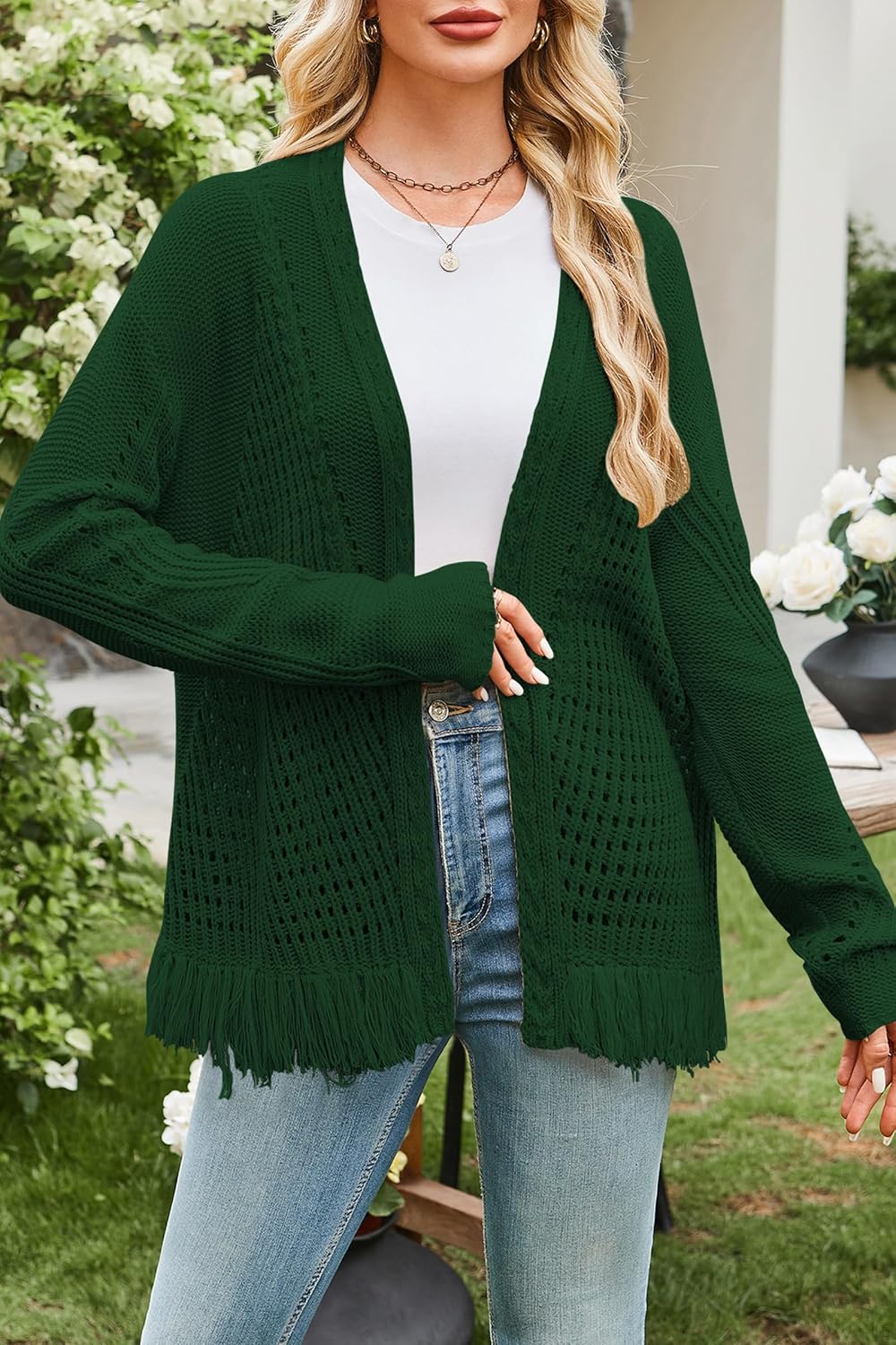Cakulo Womens Crochet Fringe Cable Knit Oversized Cardigan