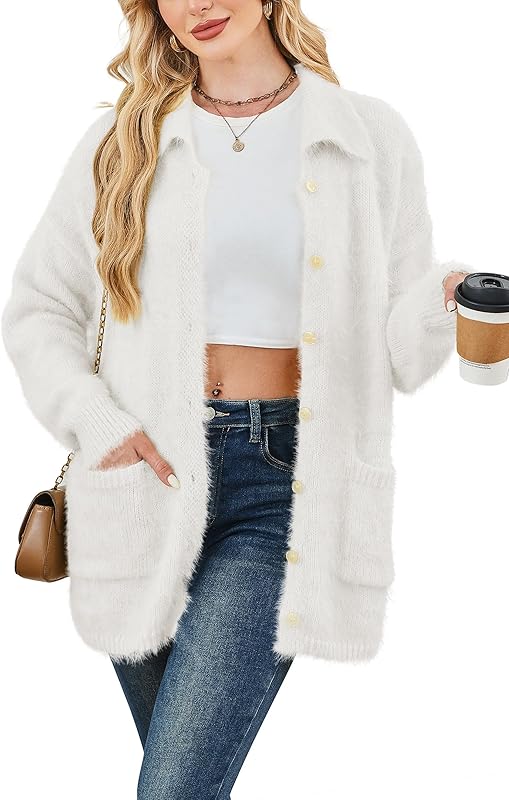 Cakulo Womens Oversized Fuzzy Collared Cardigan with Pockets for Fall/Winter