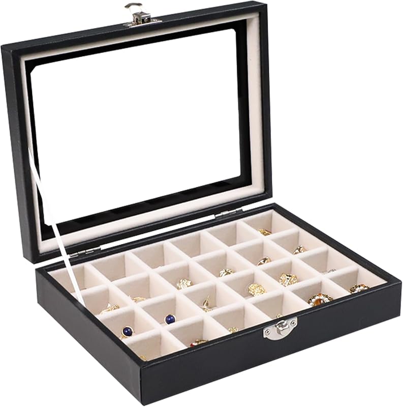 Cakulo 24 - Grid Jewelry Organizer Velvet Tray with Clear Lid Ring Earring Storage