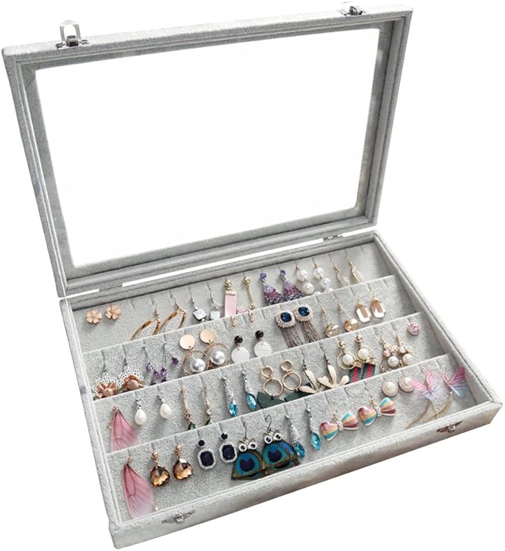 Velvet Jewelry Organizer Tray with Clear Lid Stores Bracelets Rings Earrings