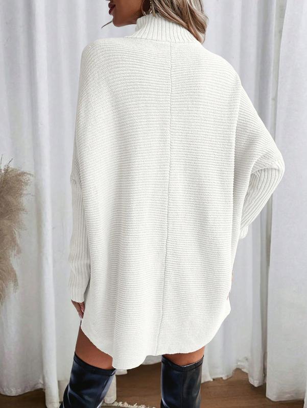 Cakulo FallFreshness Women's White High-Neck Bat-Sleeve Knitted Sweater Elegant Everyday Knitwear Tops for Casual Outings & Home Relaxation - Elegance