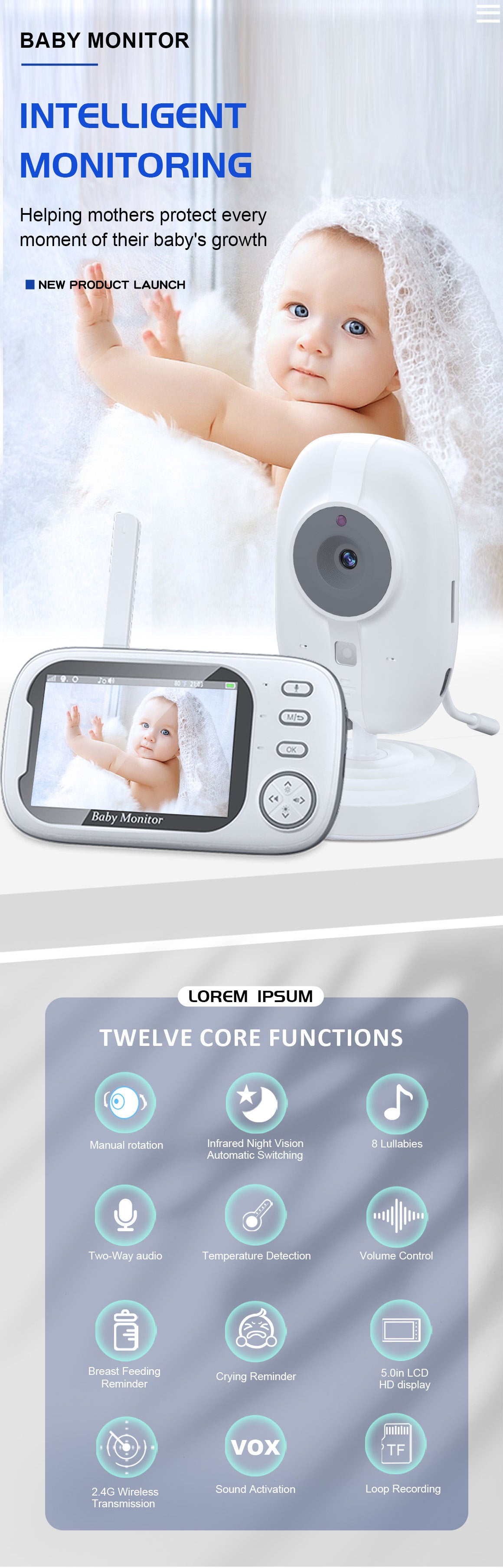 3.5inch Baby Monitor Caregiver Baby Monitor 603 Upgraded Model with Camera