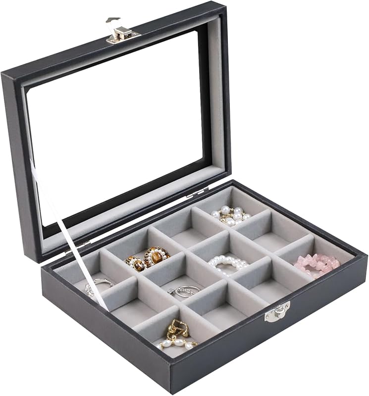 Cakulo Wood Ring Box Glass Lid Metal Clasp Velvet Lining – Jewelry Storage Display Tray