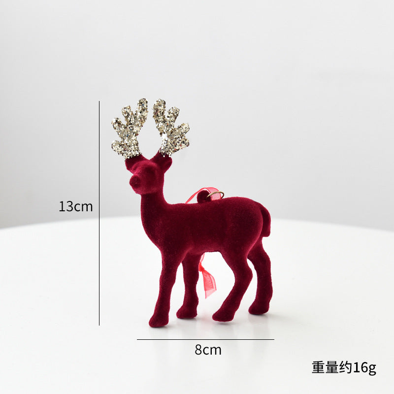 Christmas Decoration Reindeer Desktop Ornament Christmas Tree Decoration Hanging Decoration Glitter Wine Red Flocked Reindeer Pendant