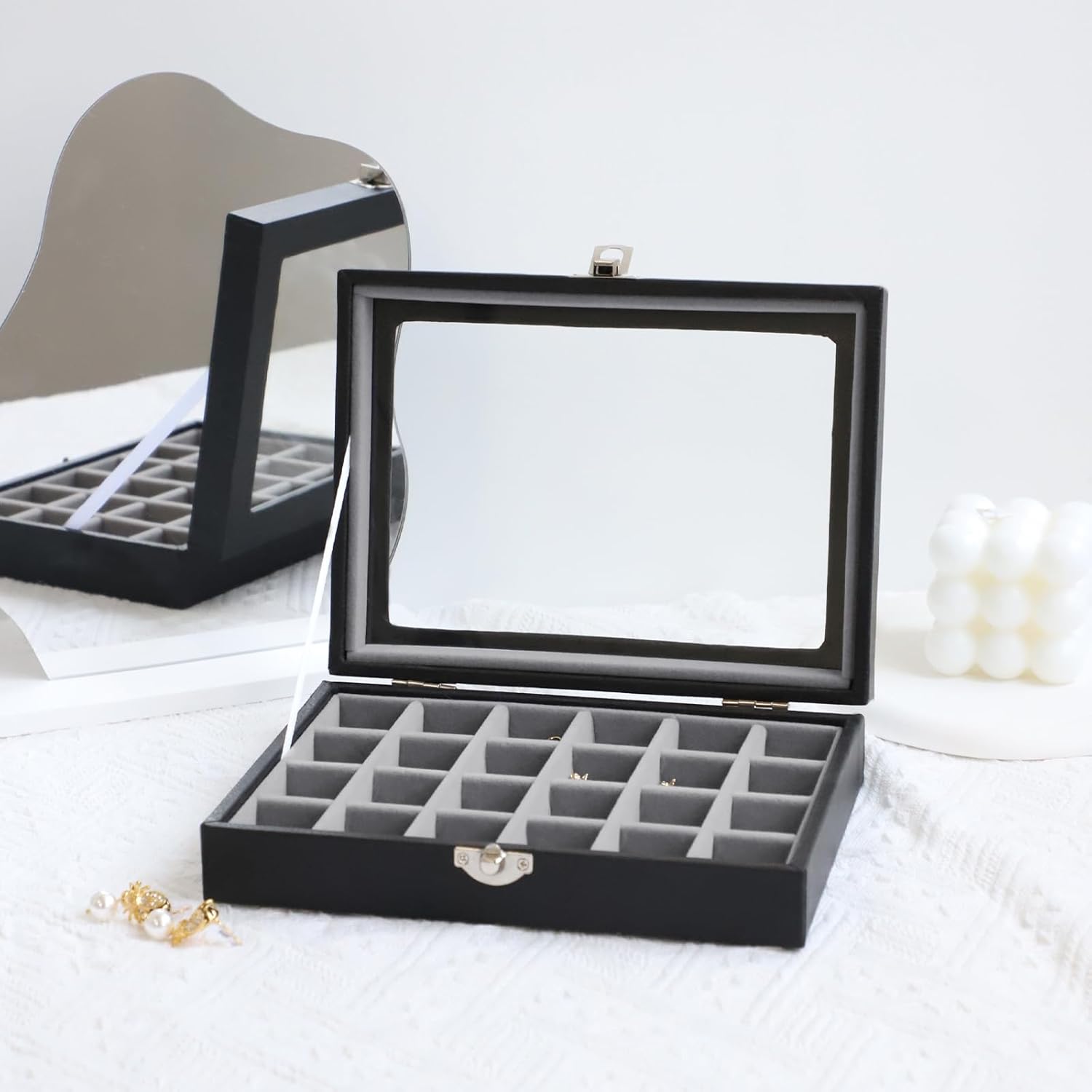 Cakulo 24 - Grid Jewelry Organizer Velvet Tray with Clear Lid Ring Earring Storage