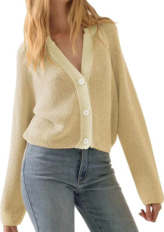 CAKULO Women Button V Neck Cardigan Sweater Contrast Knit Lightweight Long Sleeve Open Front Cropped Cardigans