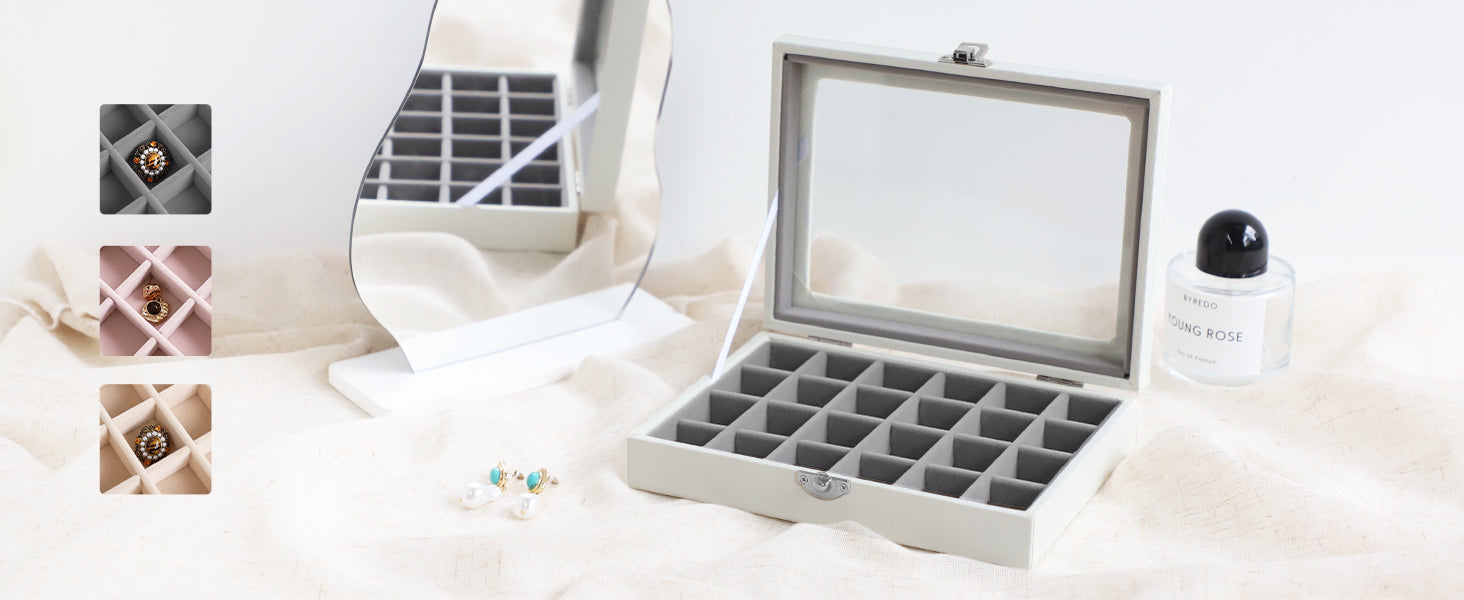 Cakulo 24 - Grid Jewelry Organizer Velvet Tray with Clear Lid Ring Earring Storage
