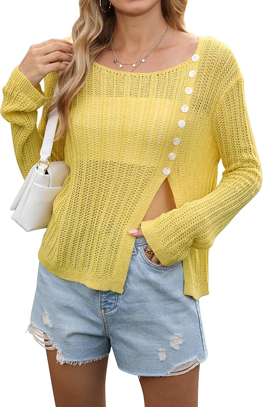 CAKULO Womens Y2K Fall Split Hem Button Off - Shoulder Crochet Sweater