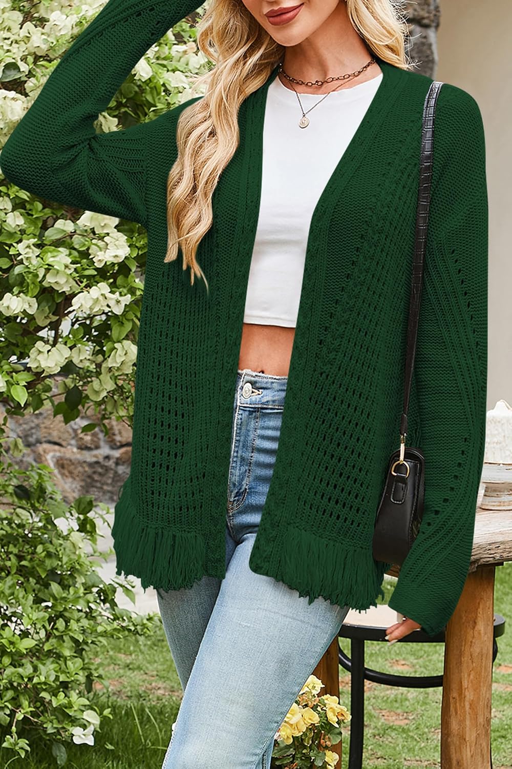 Cakulo Womens Crochet Fringe Cable Knit Oversized Cardigan