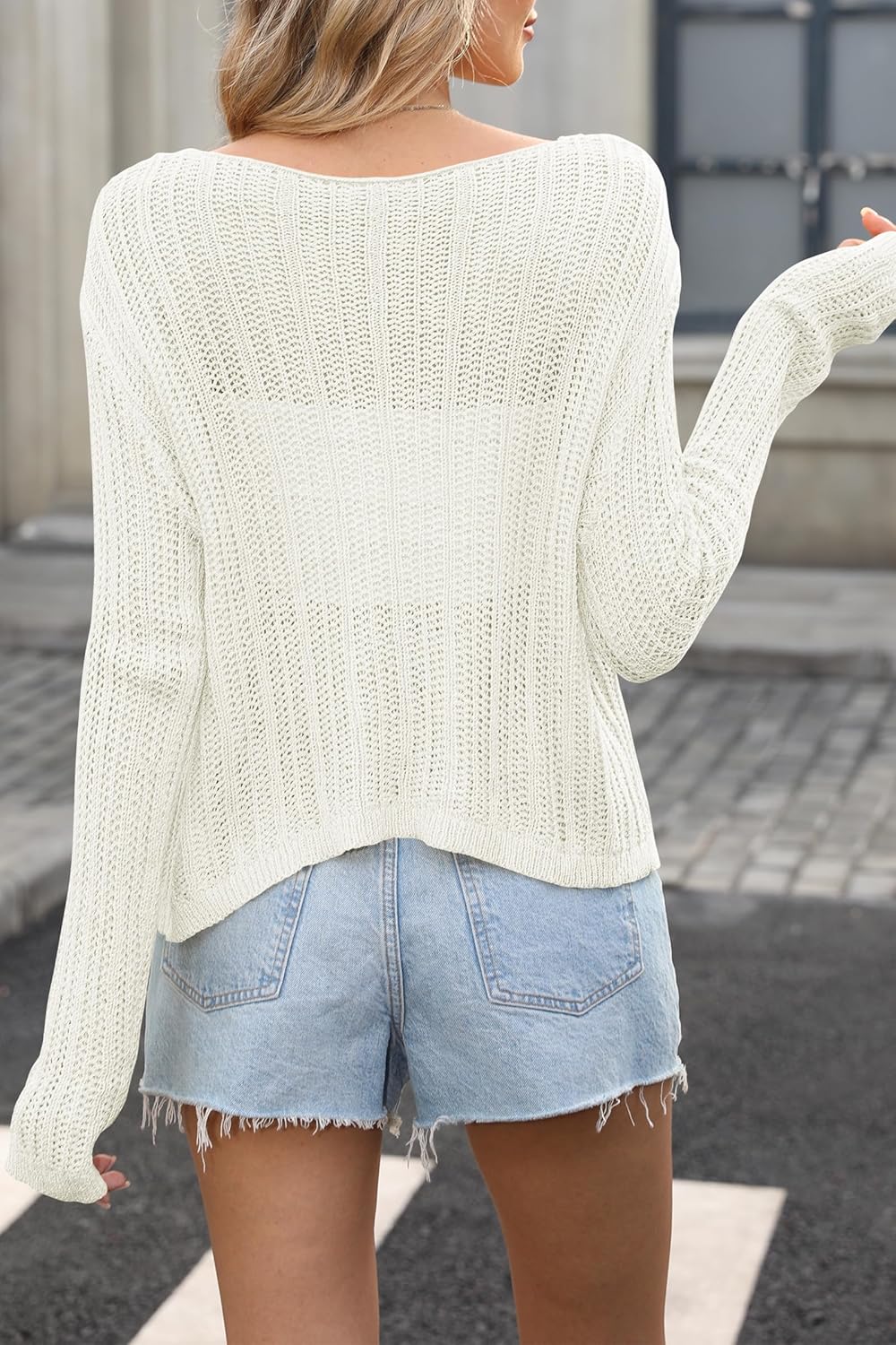 CAKULO Womens Y2K Fall Split Hem Button Off - Shoulder Crochet Sweater
